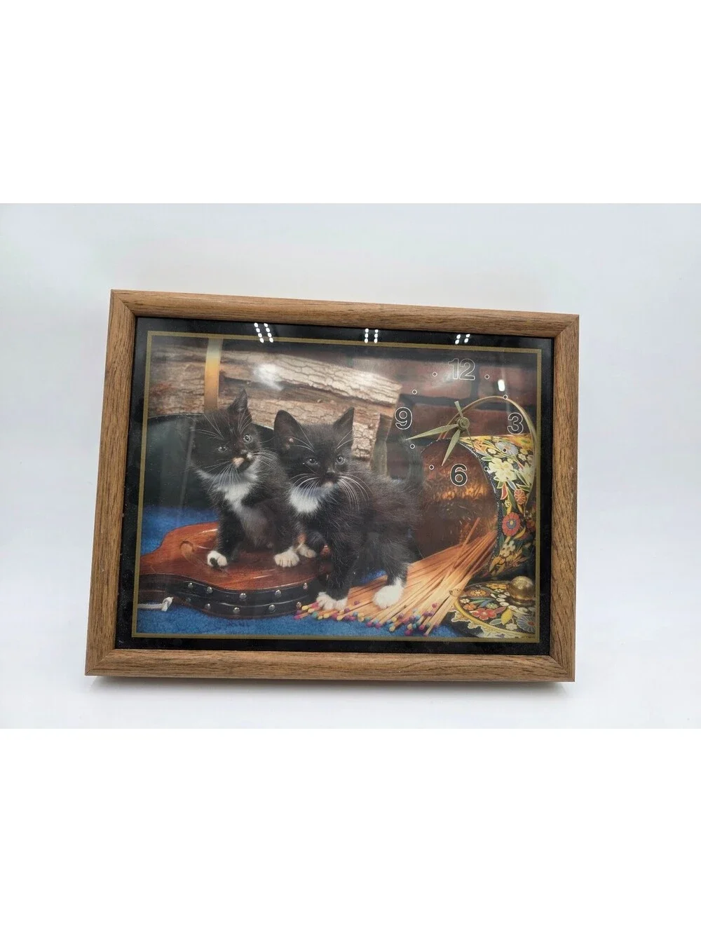 Wall Clock Featuring Two Black and White Kittens in Wooden Frame